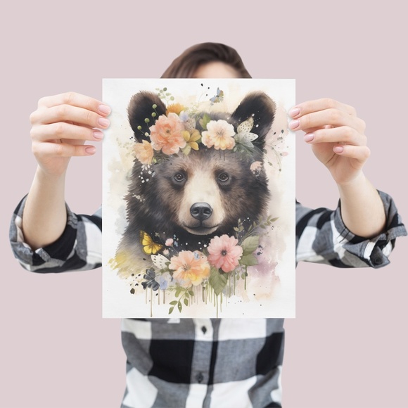 Watercolor Floral Black Bear Portrait Wall Art Illustration Print Unframed - Picture 4 of 5